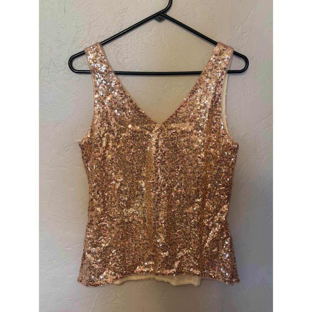 Grace Karin Rose Gold Sequin Tank Top V-Neck Side Zip Party Blouse Medium